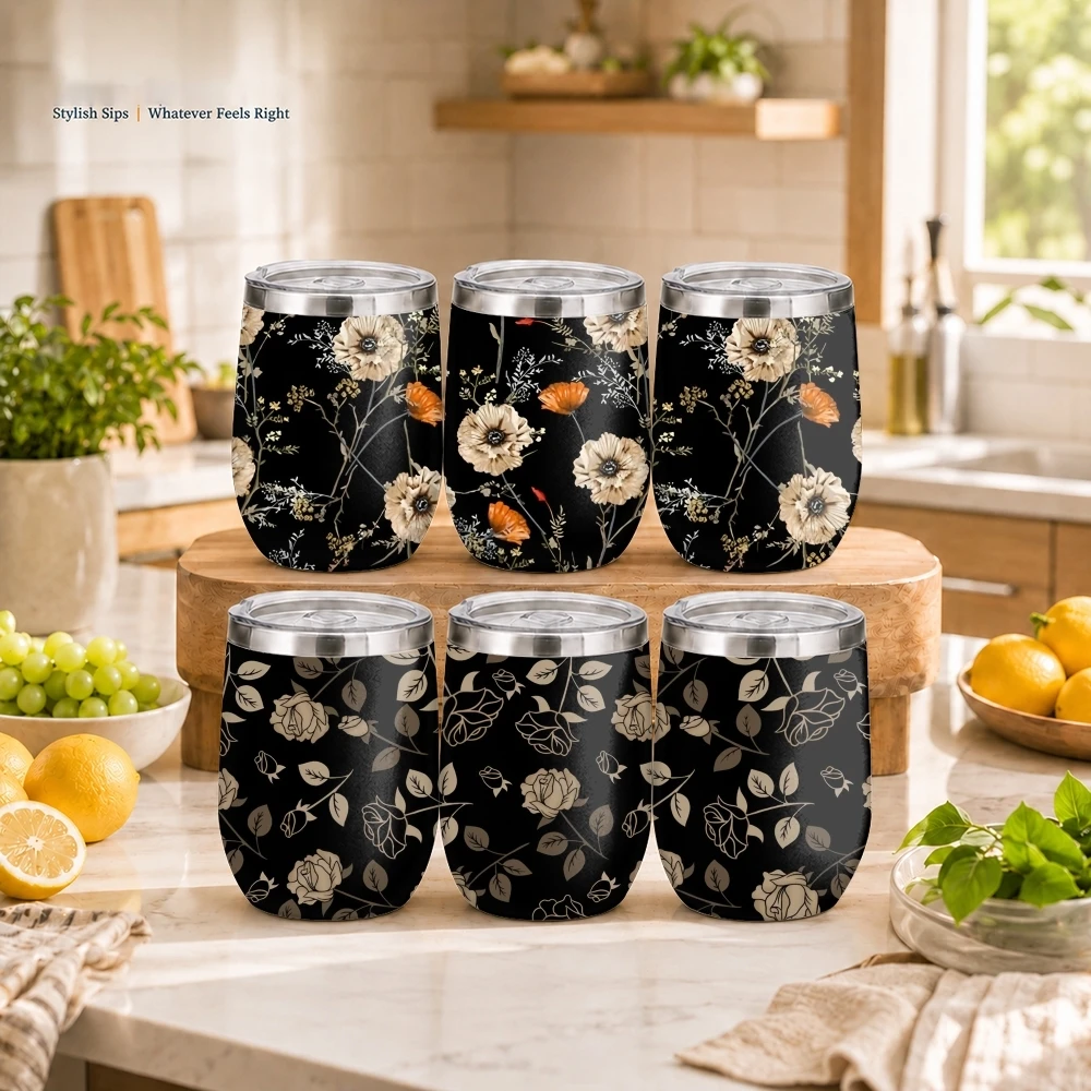 Black Background Florals Vacuum Flasks 12oz Insulated Stainless Steel Mug with Lid Double Wall Drink Coffee Cup Travel Tumbler