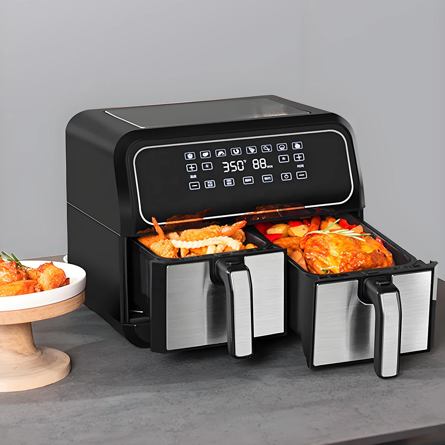 Podwójna Frytkownica Beztłuszczowa 4l+4l z Dwoma Koszami, Głęboki Piekarnik, Dotykowy Ekran, Grill BBQ, Nieprzywierająca Powłoka, Elektryczna Inteligentna Frytkownica Beztłuszczowa