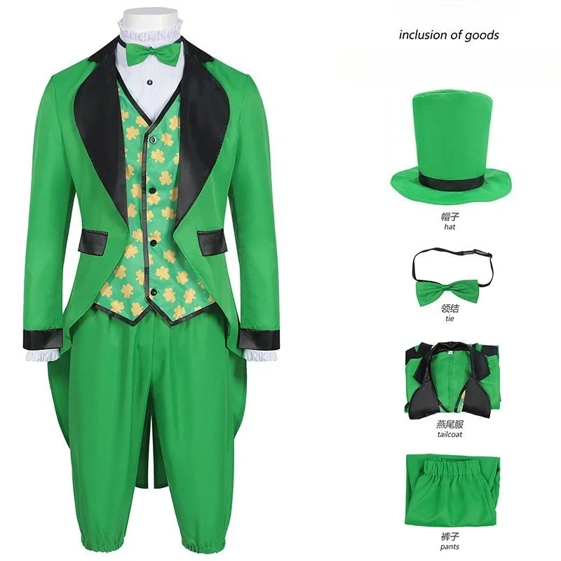 Halloween Cosplay Stage Performance Costume mMen Irish St. Patrick's Day Green Suit Hat Set Leprechaun Role Play Party Costume