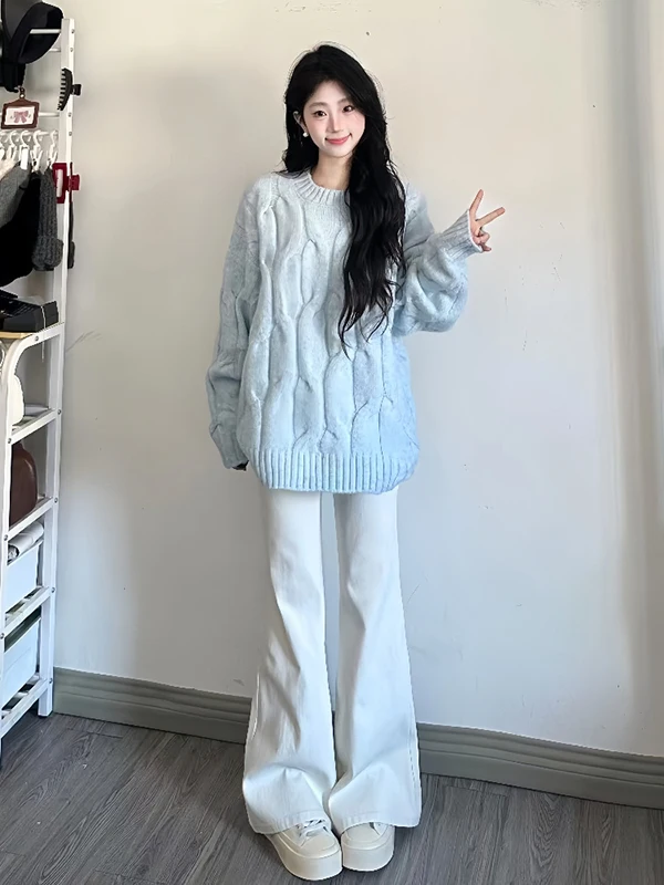 

Синий мягкий свитер, женский осенне-зимний круглый свободный ленивый свитер, удобный теплый длинный трикотаж цвета свека