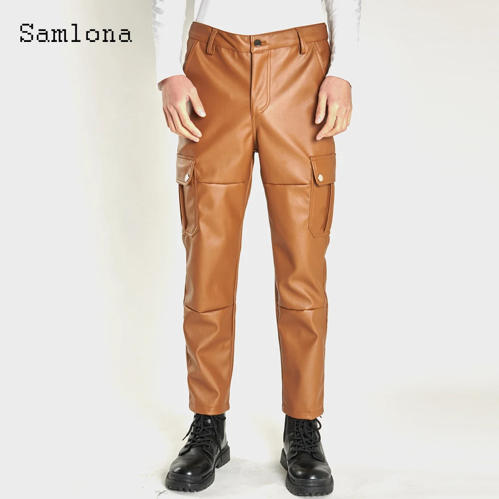 2025 الرجال الوقوف جيب موضة بولي بنطال بنطال جلدي في الهواء الطلق كامو البضائع بنطلون حجم كبير 5xl رجل خمر اللاتكس مستقيم السراويل جديد