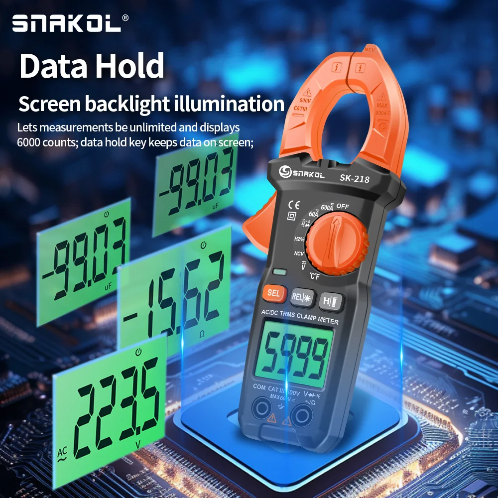 Imagem -05 - Grampo Medidor de Corrente Multímetro Digital Alicate Amperímetro True Rms Alta Precisão Ncv Ohm hz Tester 600a Sk218-ac dc