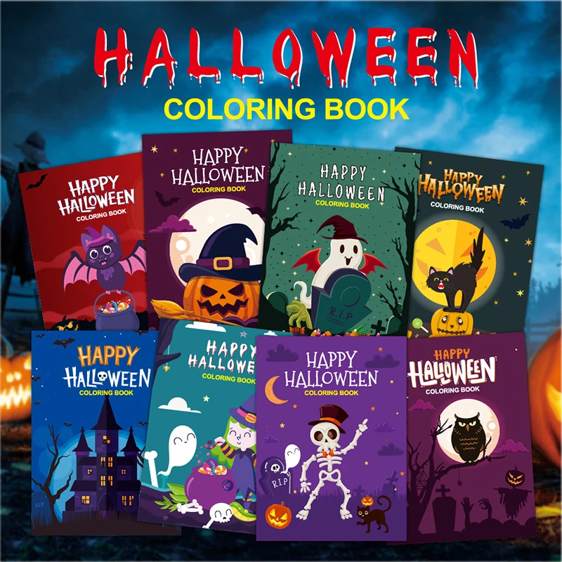 8Pcs Halloween Coloring Book Mini Game Color-in Pages Activity Book Set With Maze Crossword Puzzle Games Theme Party Favors