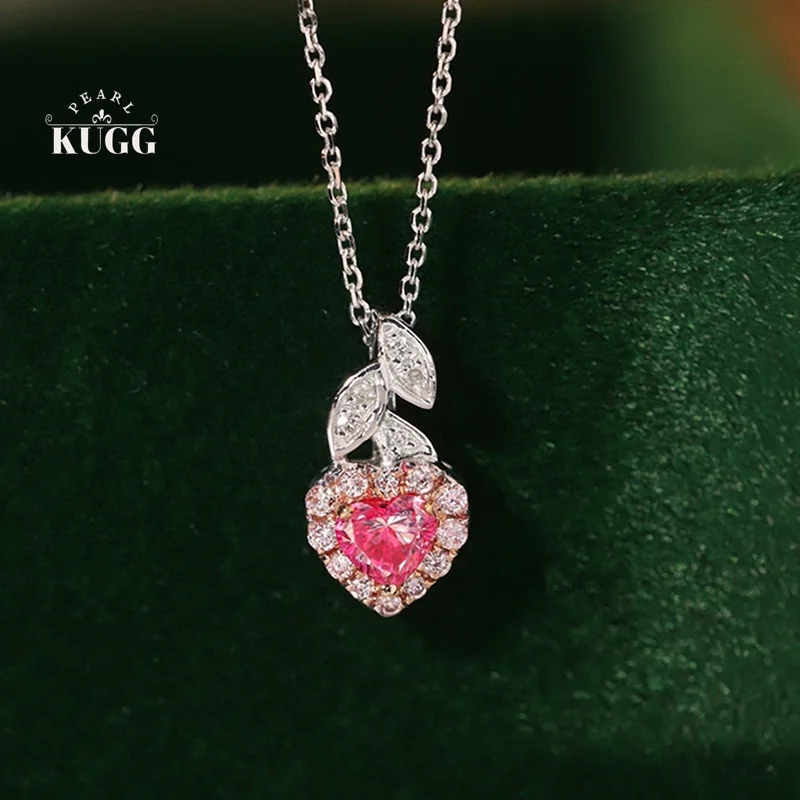 

KUGG 18K White Gold Necklace Elegant Heart Design Real Natural Pink Diamond Necklace Romantic Women's Jewelry High Birthday Gift