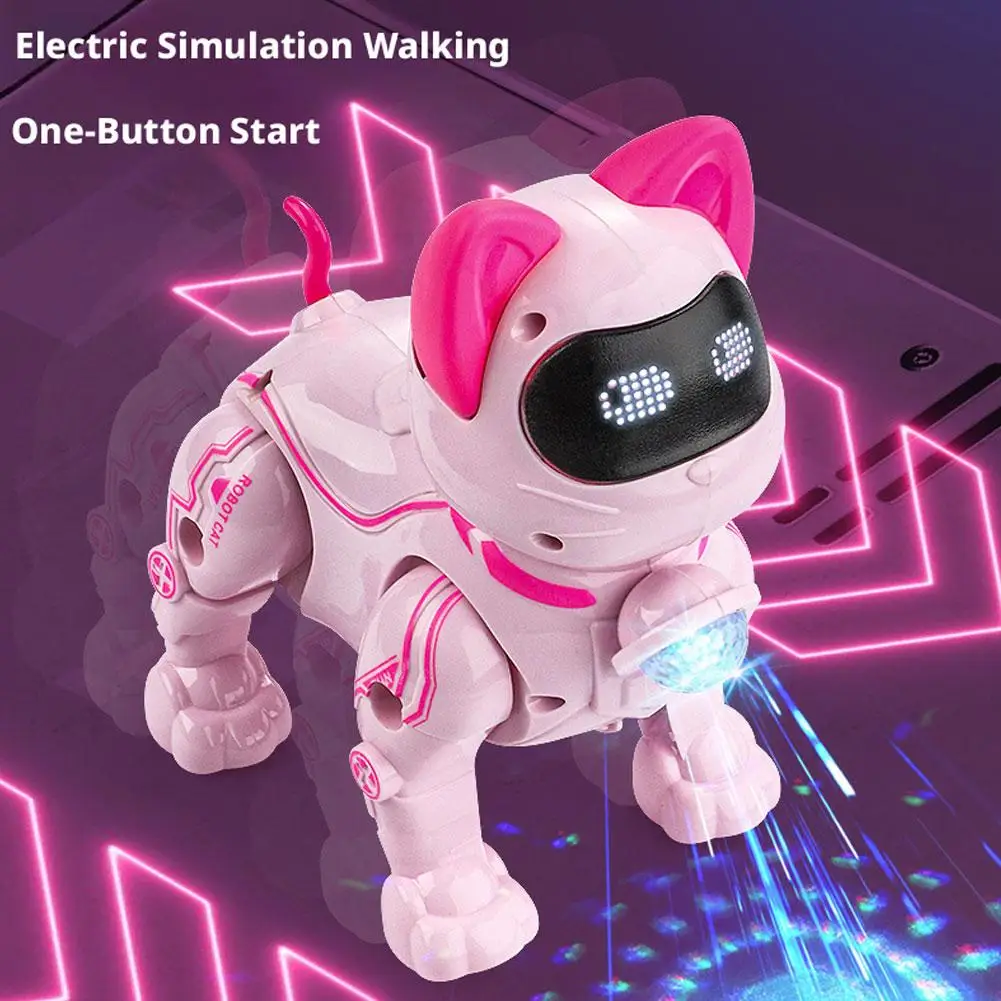 Children's Electric Robot Cat with Leash Smart Robot Cat Toy Programmable Intelligent Voice Control Pet Toy for Kids Girls