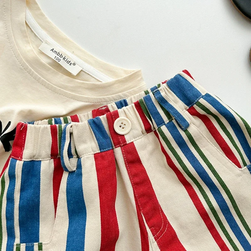 Children Clothing Boys Shorts 2024 Spring Summer Simple Style Color Striped Cotton Korean Handsome Cool Casual Boys Simple Pants