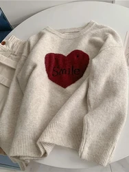 Jmprs Love Print Chic Sweaters Women Korean Sweet Long Sleeve Letter Knitted Pullovers O Neck Cute Casual Lady Loose Kawaii Tops