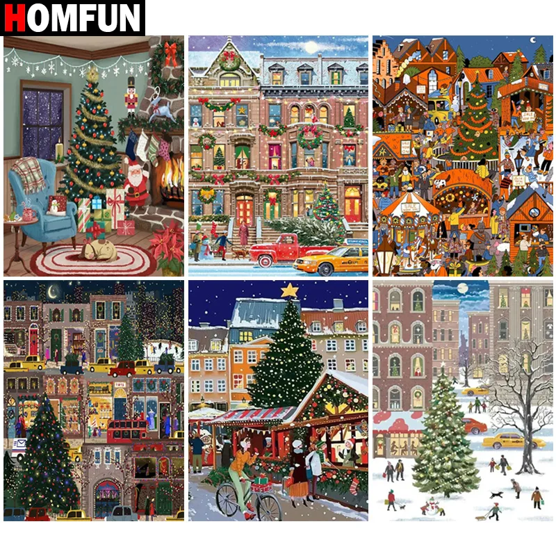 

Алмазная живопись HOMFUN с полным покрытием «Пейзаж, домики, дерево», алмазная вышивка 5D «сделай сам», ручная работа, вышивка крестиком, подарок