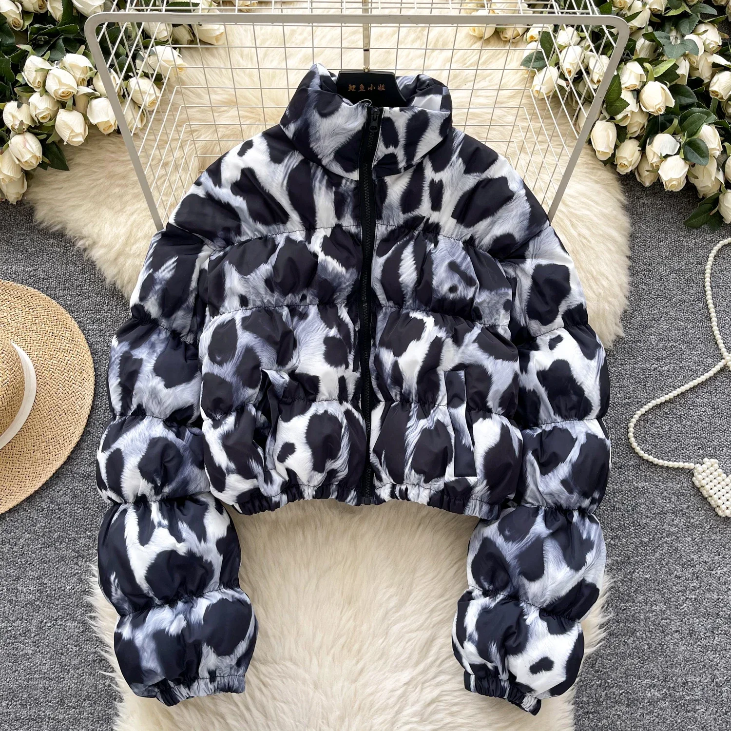 Basics Long Sleeves Vintage Stand Neck Fashion Leopard Zipper Slim Cotton Padded Bread Jacket Streetwear High Street Winter Top