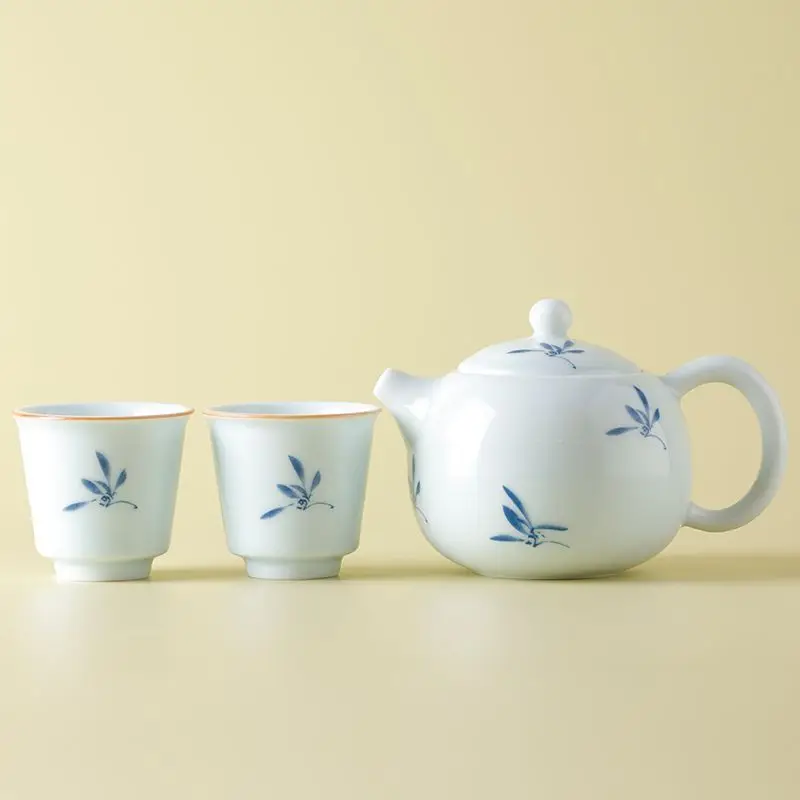 Magnolia Xishi Ceramic Teapot 1 Pot 2 Cups Gongfu Tea Set Straight Wide-Mouth Cups Single Small Set for Home Hotel Homestay
