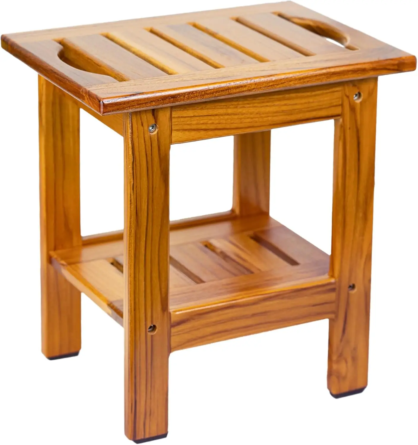 

Compact Teak Shower Stool with Shelf & Handle, Non-Slip Feet, Bathroom Bench for Shaving Legs