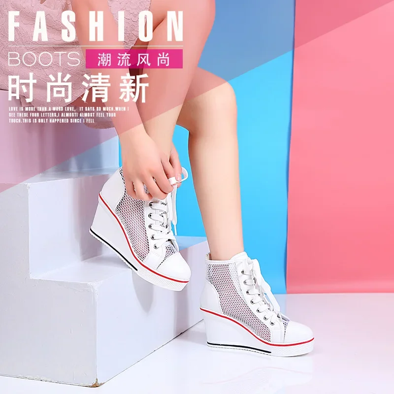 2024  Wedge Heel 8cm Height Increasing Net Shoes Thick Bottom Sandals Women\'s Casual Lace-up Shoes High-top Hollow Women\'s Shoes