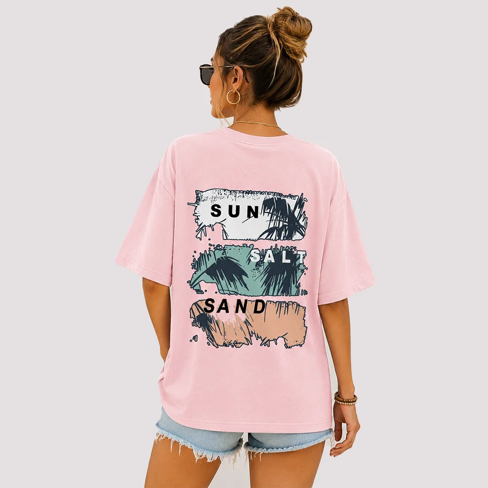 Sun Salt Sand T Shirt Women Palm Trees Beach Graphic Tees Cute Summer Vacation Tropical Cotton Oversized Short Sleeve Tops