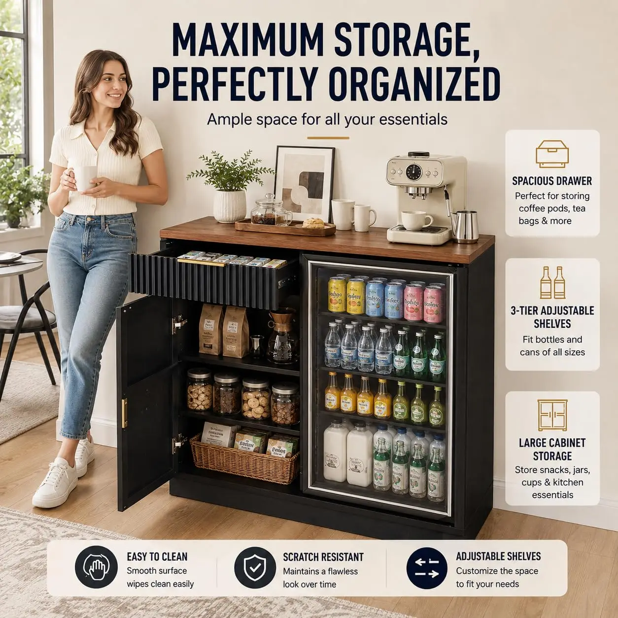 Coffee Bar Cabinet with Fridge Space & Power Outlet, Fluted Sideboard with Drawer & Shelf for Home Kitchen Dining, Customized - view 4
