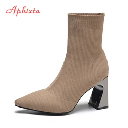 Aphixta 8cm Metal Concave Square Heel Stretch Fabrics Sock Boots Women Shoes Camel Stretch Knit Pointed Toe Boots