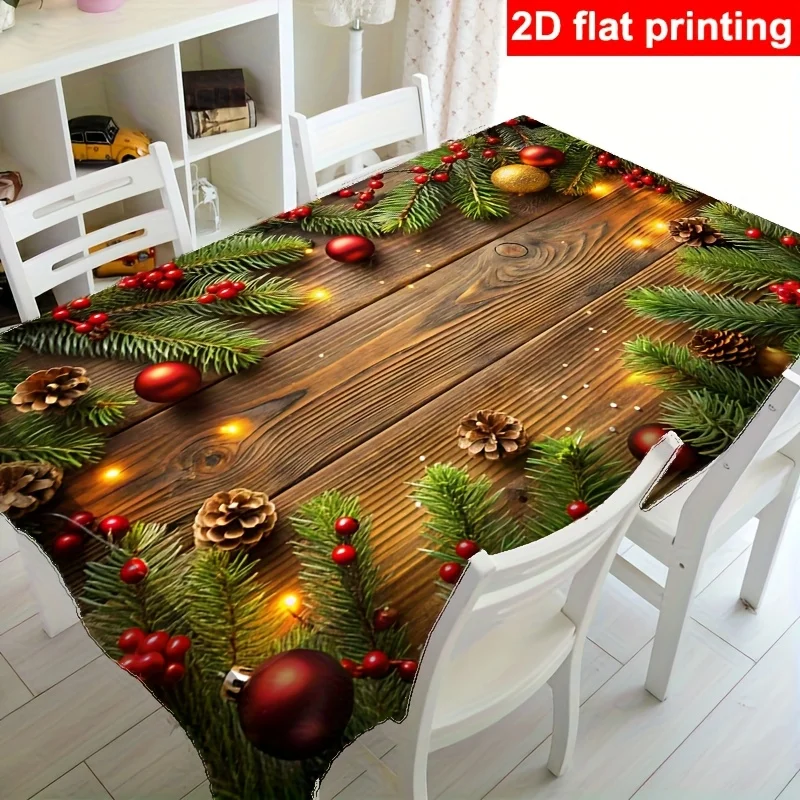 One piece of 2D flat Christmas tablecloth, elegant dark brown color, featuring pinecones and cranberries patternszyc
