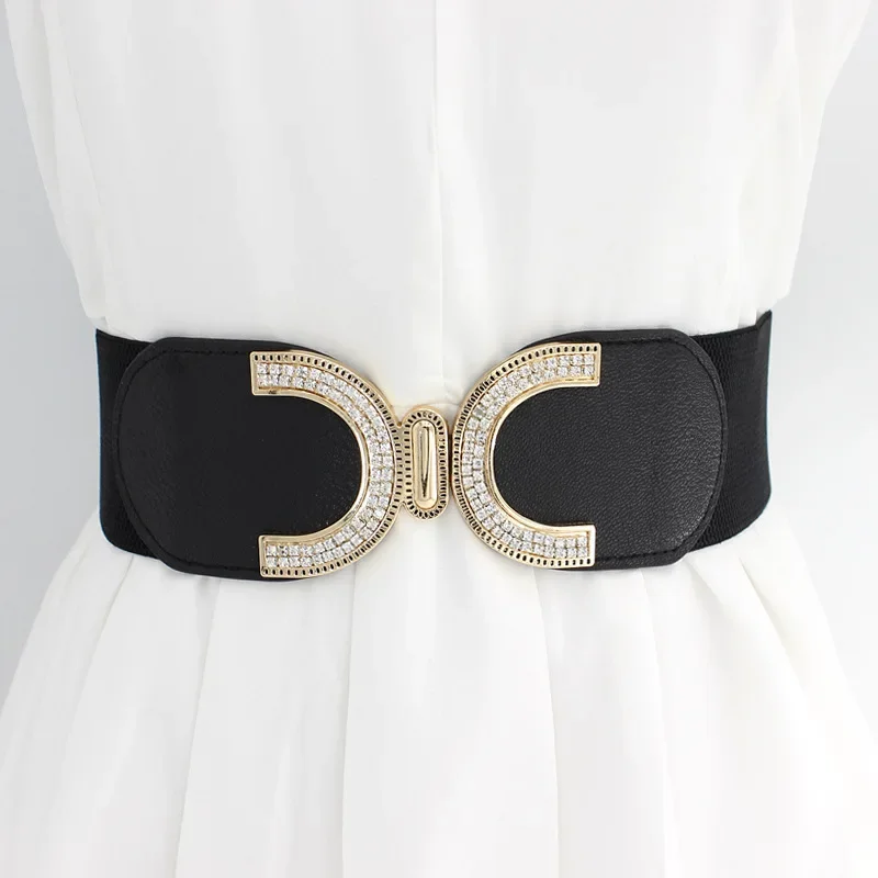 Women's Elastic Waistband Luxury design Women rhinestone double C button Waist Belt dress down jacket female belt waist sealing