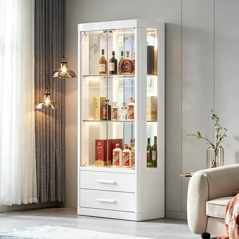 Modern Wine Cabinet for Living Room Lockable Tempered Glass Double Door Display Sideboard Multifunctional Storage