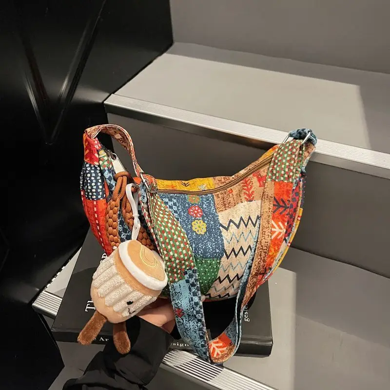 Harajuku Color Block Tote Bag Women Canvas Large Capacity Patchwork Shoulder Bag Ladies Ethnic Style Commuter Crossbody Bag 2025