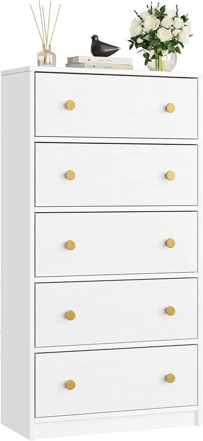 White Dresser for Bedroom with 5 Drawers, Fabric Dresser Storage Tower, Chest of Drawers for Closet, Living Room, Hallw