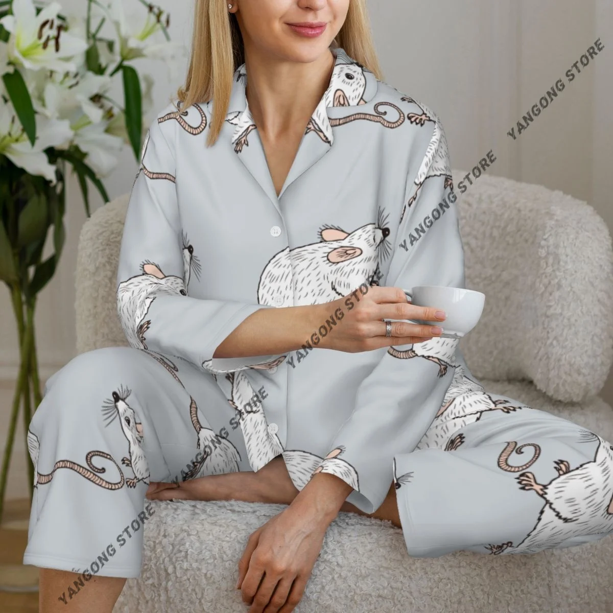 

Spring and Autumn Long Sleeve Pants Pajamas Loungewear Set Funny Rats Women's Pull Edge Loose Sleeping Suit