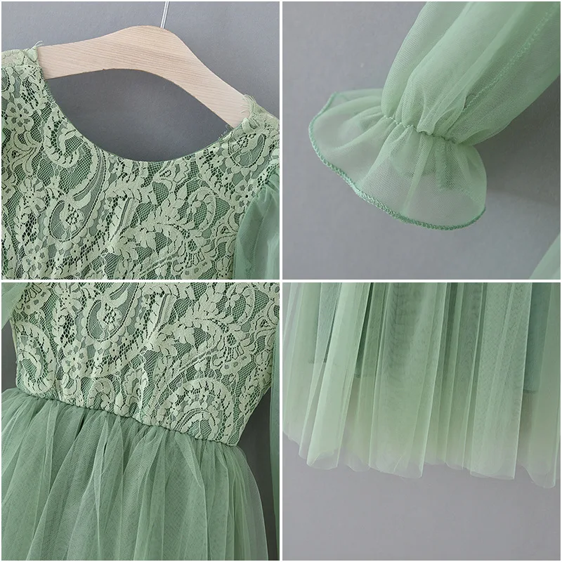 Girl Party Dresses Long Sleeves Sage Green Open Back Flower Girl Dresses Prom Dresses Formal Clothes E0409