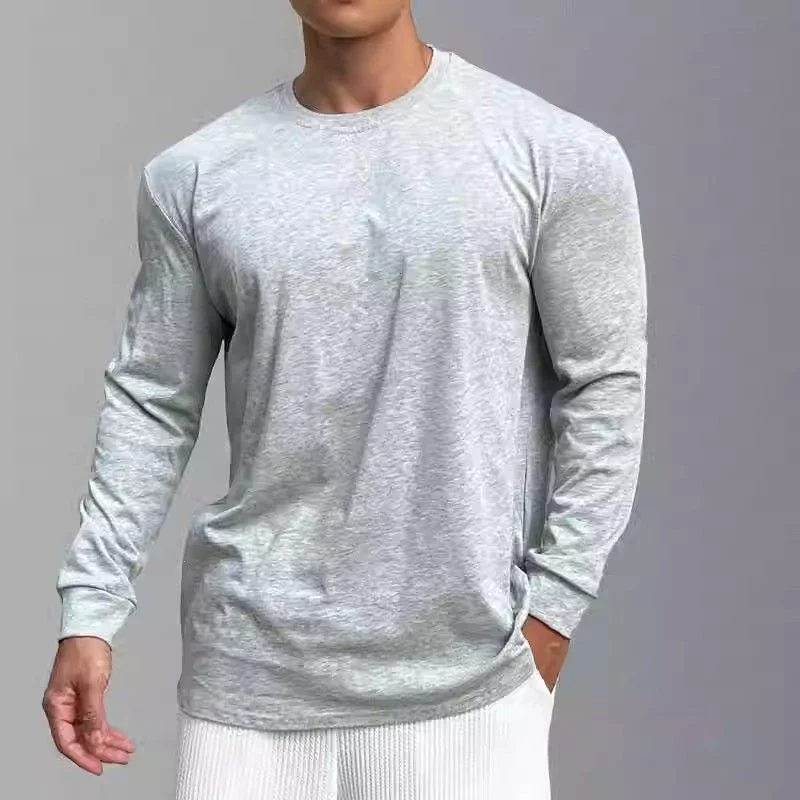 

Одежда для фитнеса, мужская свободная хлопковая дышащая однотонная спортивная осенняя футболка с длинными рукавами для бега
