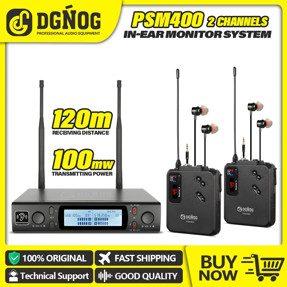 DGNOG PSM400 UHF 2 Channel Wireless In-Ear Monitor System  Professional Mono Monitoring for Stage Performance Singer Studio