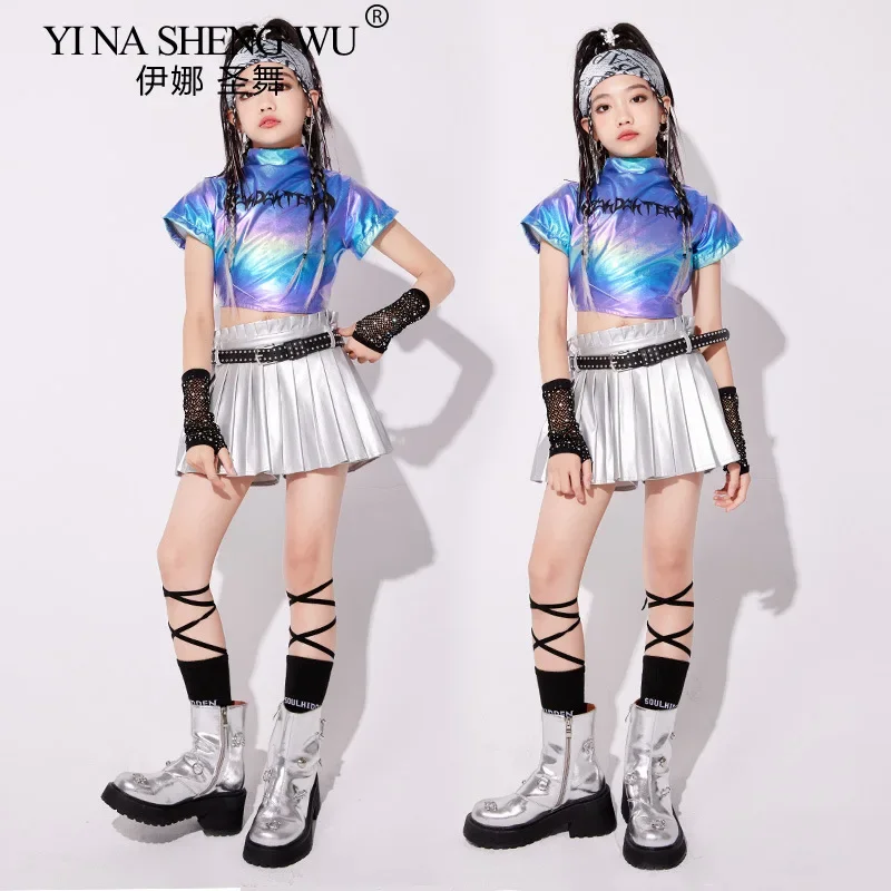 Girls Jazz Dance Costume Kpop Performance Outfit Laser Silver Crop Top And Pleated Skirt Set Street Wear Group Dance Clothes