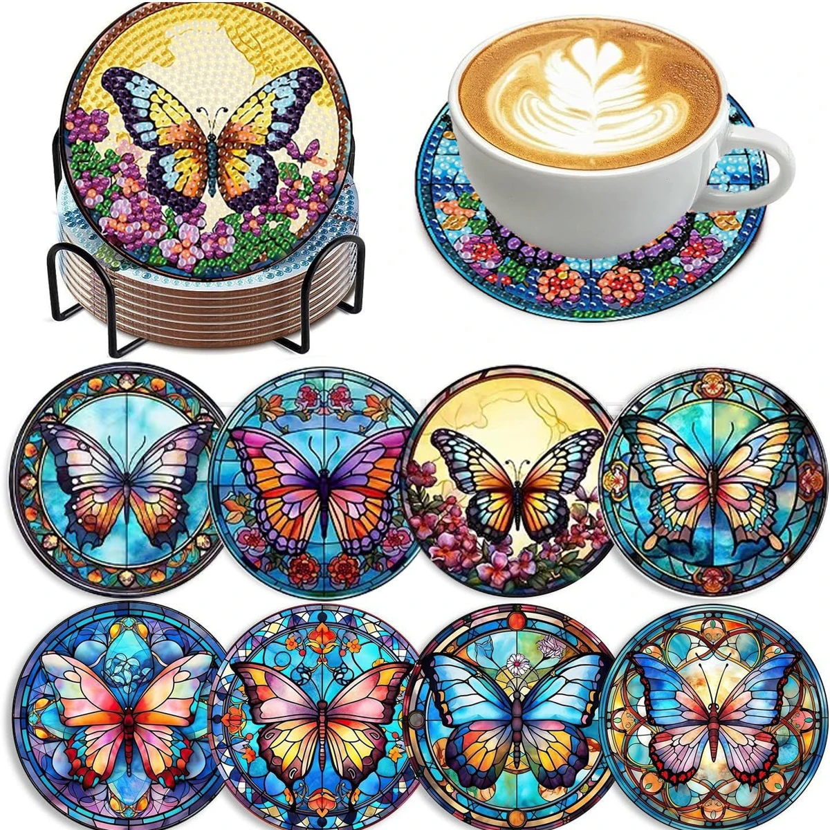 8 pieces/set of butterfly patterned diamond painted wooden coasters, DIY creative diamond painting adds fun to your life, suitab