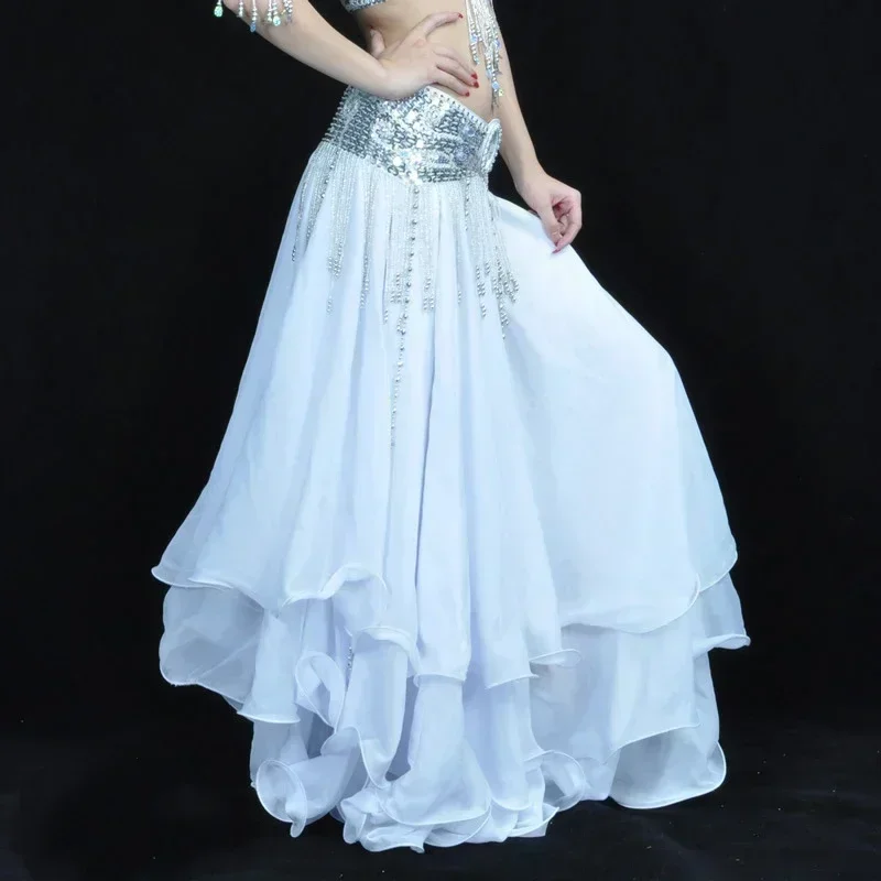 Dziewczęca 3-warstwowa szyfonowa biała spódnica do tańca brzucha Długa spódnica cygańska dla kobiet