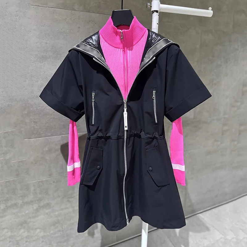 Golf Clothing Women's Autumn Long Zipper Windbreaker Temperament Jersey Hooded Short Sleeved Waist Cinched Golf Dress