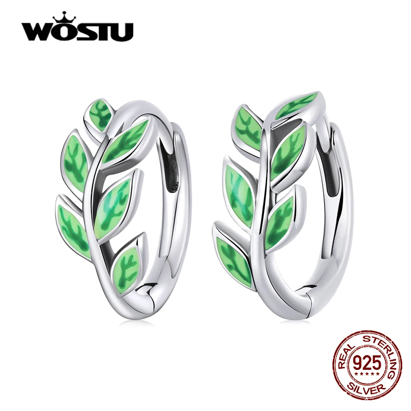 WOSTU 925 Sterling Silver Spring Plants Green Leaf Round Hoop Stud Earrings For Women Fashion Party Jewelry Gift CQE1392