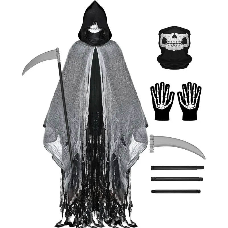 

Halloween Hooded Cloak Death God Cosplay Costume Cape with Scythe Skull Mask Gloves Suit for Adult Carnival Party Outfits