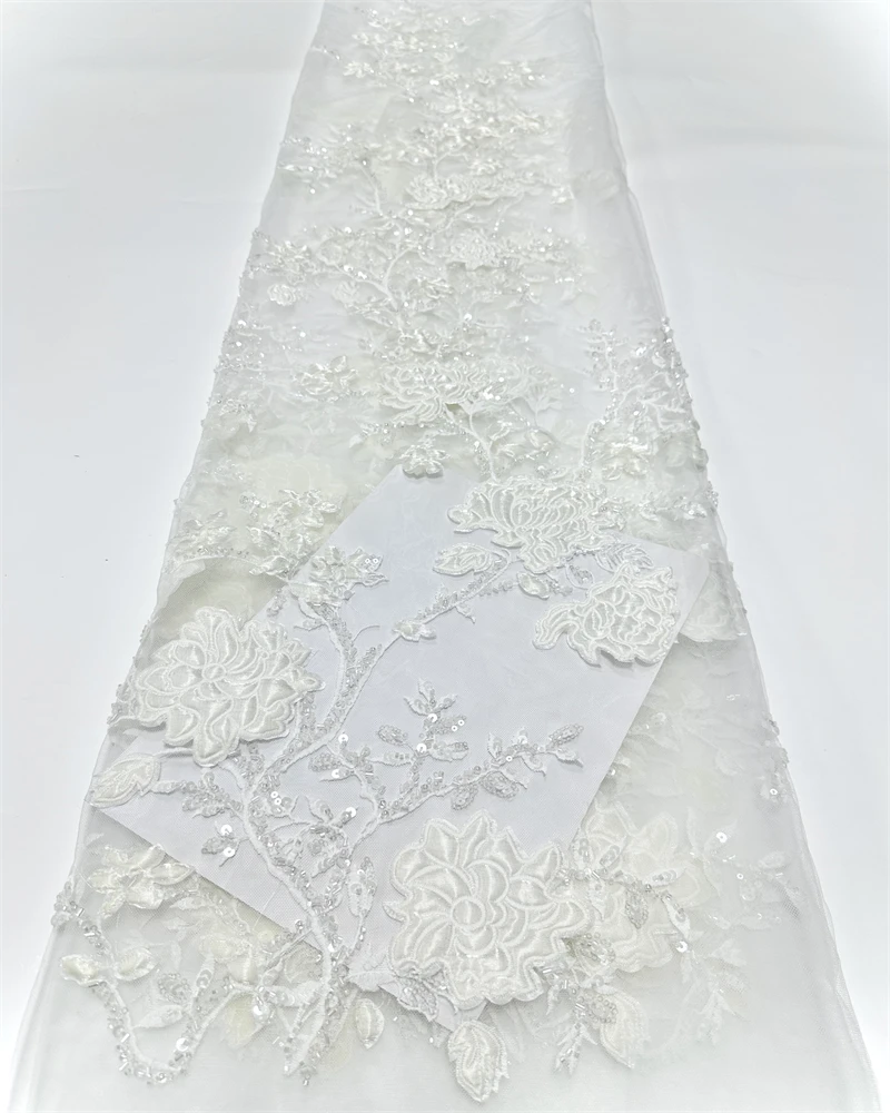 Elegante tela de encaje de malla francesa con bordado de cuentas y lentejuelas para vestidos de novia, diseño africano nigeriano con cuentas para mujer