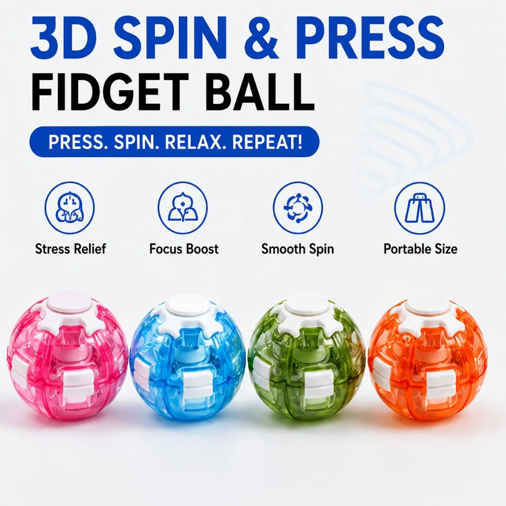 Press‑to‑Spin Fidget Ball Keychain 3D Gear Rotating Gyro Toy Portable Sensory Hand Spinner Stress Relief Backpack Pendant Gift