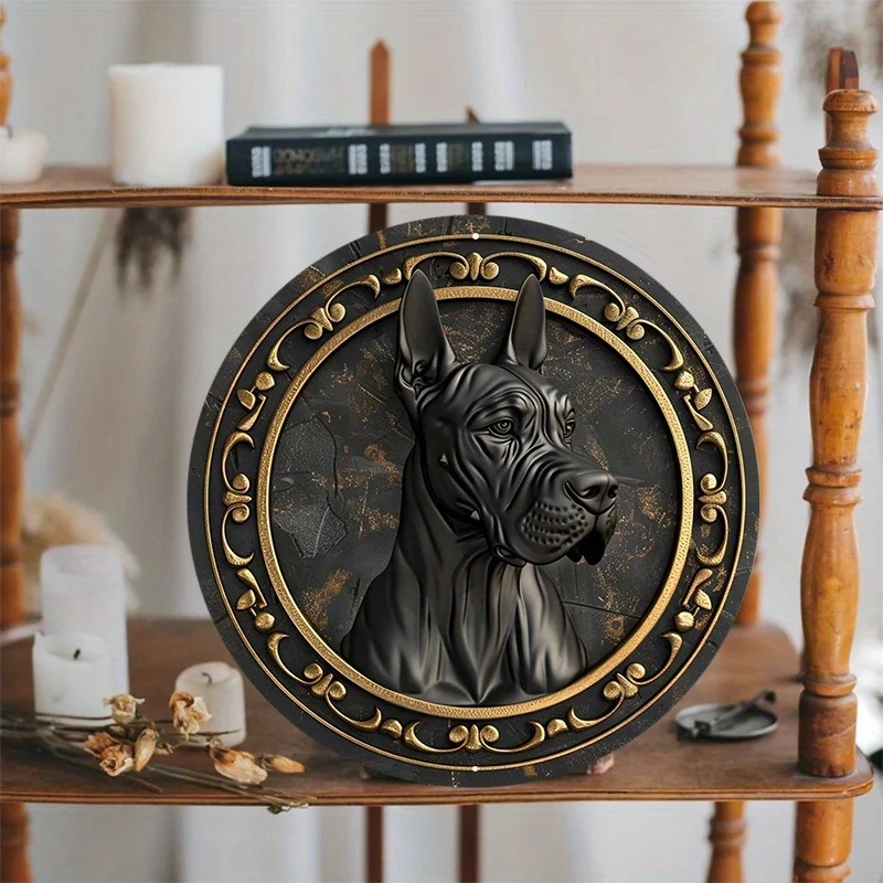 1pc 8x8inch Aluminum Metal Sign Circular Metal Plaque Decoration Great Dane Dog Portrait On Black And Golden Wooden Plate Lf