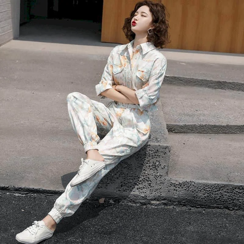 High Waist Jumpsuits for Women Casual Solid Long Sleeve Bodysuit Loose One Piece Outfit Women Ankle-Length Pants Cargo Pants