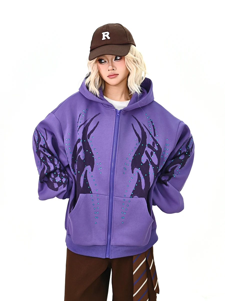 

Женская свободная толстовка-кардиган на молнии с принтом Lazy Totem и стразами, в стиле BF College, весна 2026, новинка, уличный стиль