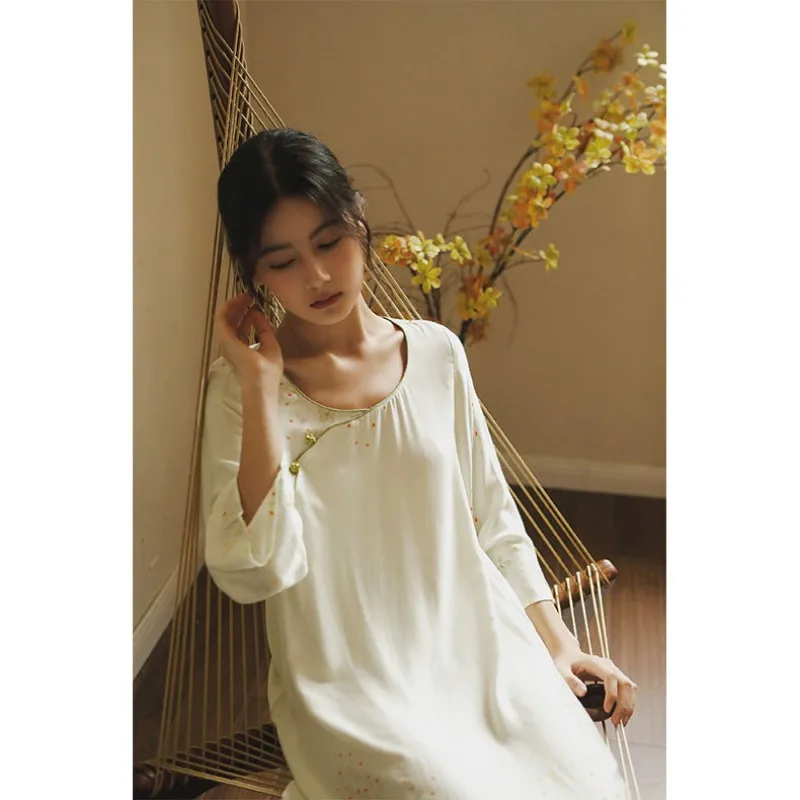 2023 Autumn Cotton Silk Plain and Elegant Printing Nightgowns Chinese Women\'s Long Sleeve Sleeping Dress Viscose Sexy Sleepwear