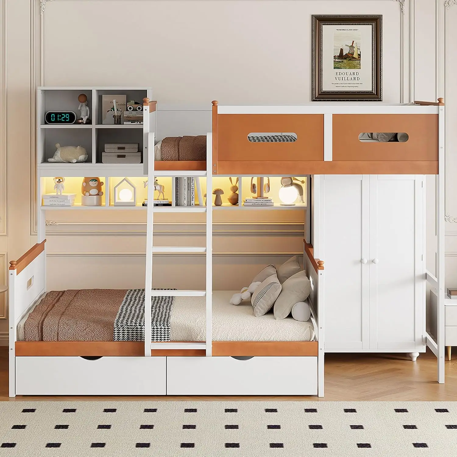 

Twin Over Full Bunk Bed with Wardrobe, Wooden Bunk Bed with Drawers, Shelves and LED Light, White+Orange