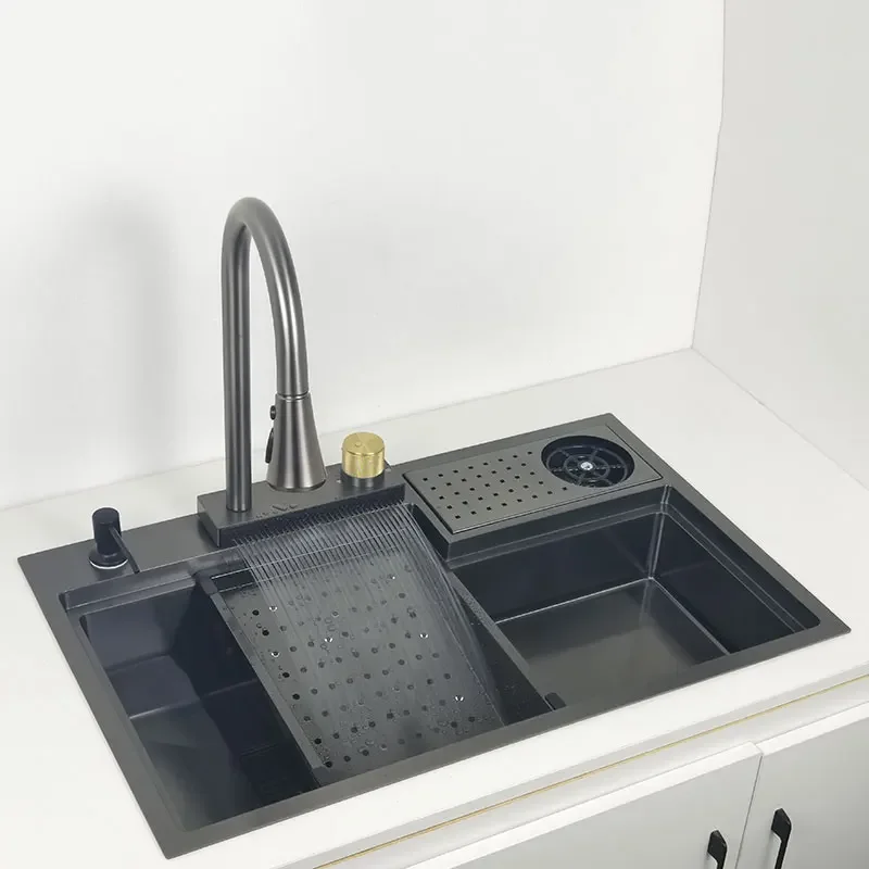 Waterfall kitchen sink Nano Stainless Steel kitchen sink with cup washer High and low sink With cutting board  Waterfall Faucet