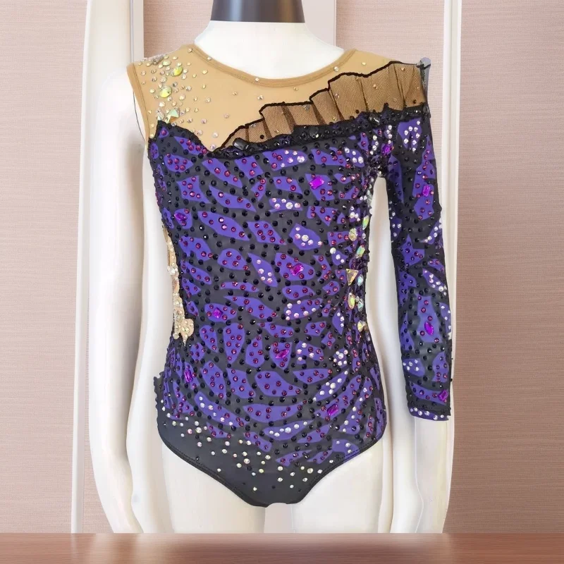 LIUHUO Rhythmic Gymnastics Leotard Aerobics Adult Women Girl Costume Performance Competition Dance Dress Single Sleeve Purple