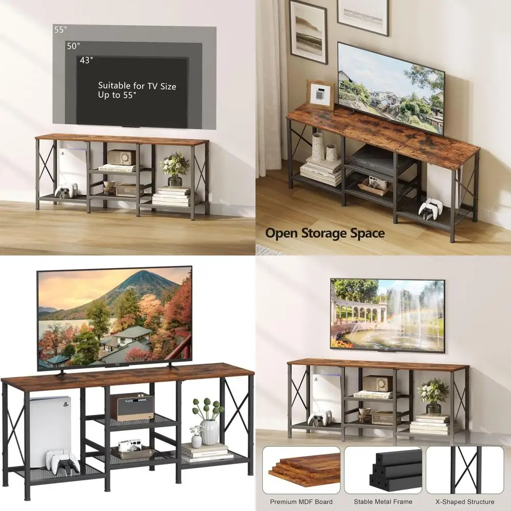 

55 TV Stand with 3-Tier Shelves, Rustic Brown Entertainment Center for Living Room and Bedroom
