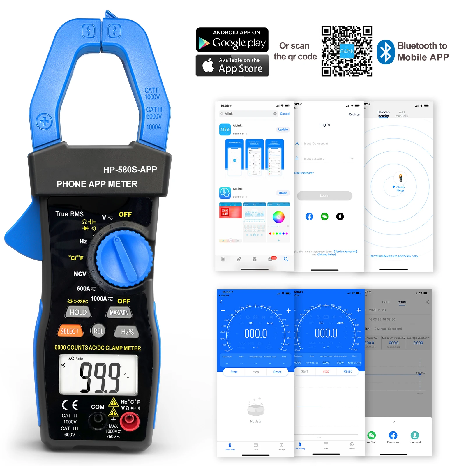 Pinza amperometrica HOLDPEAK HP-580S-APP 6000 conteggi con APP per telefono Valore effettivo a vero valore efficace, retroilluminazione LCD AC DC Tester, NCV