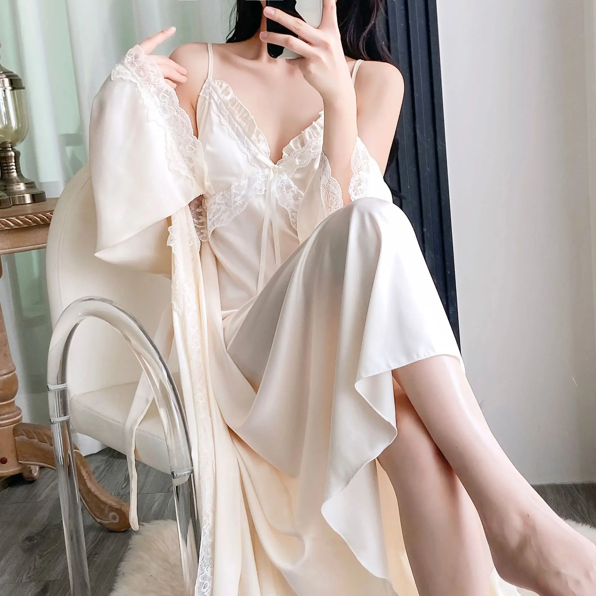 

Two Piece Bathrobe Gown Suit Women Silky Satin Sleepwear Nightgown Lady Lace Robe Set Spring Summer Kimono Nightdress Loungewear