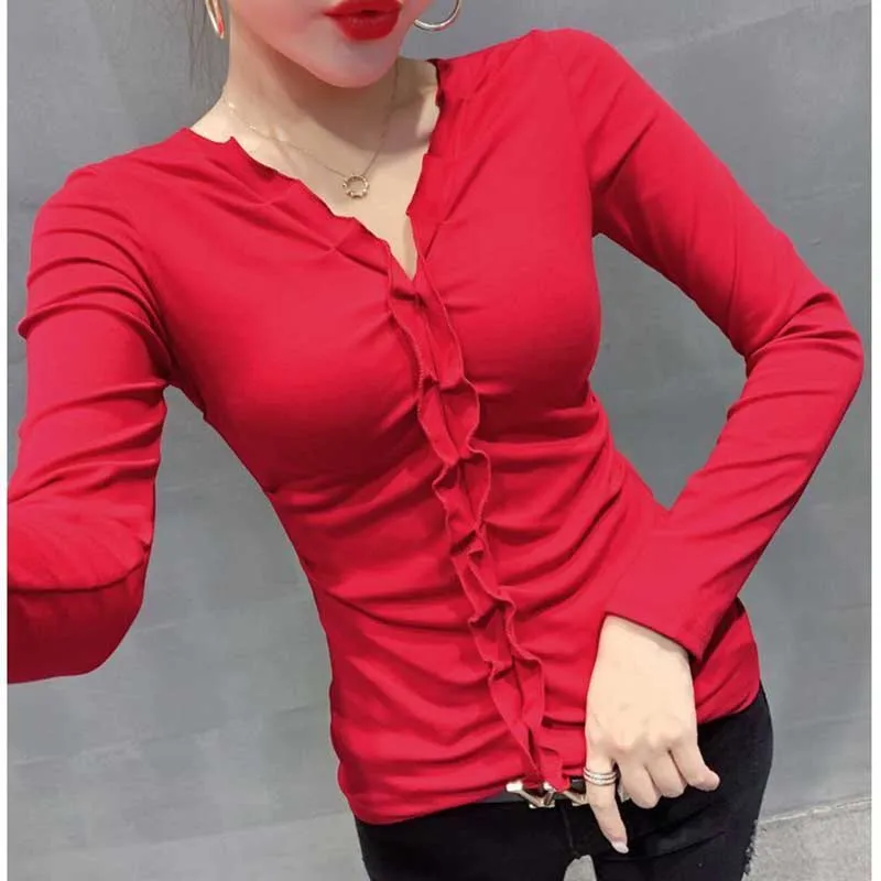 Fashion V-Neck Spliced Folds Ruffles T-Shirt Women\'s Clothing 2023 Winter Slim Solid Color All-match Tops Office Lady Tee Shirt