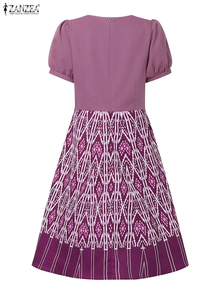 Sukienki damskie w stylu vintage ZANZEA z nadrukiem na rok 2025, eleganckie sukienki na imprezę, letnie sukienki z krótkim rękawem, długa koszula, szata, bufiaste rękawy, sukienka w kształcie litery A, sukienka letnia.