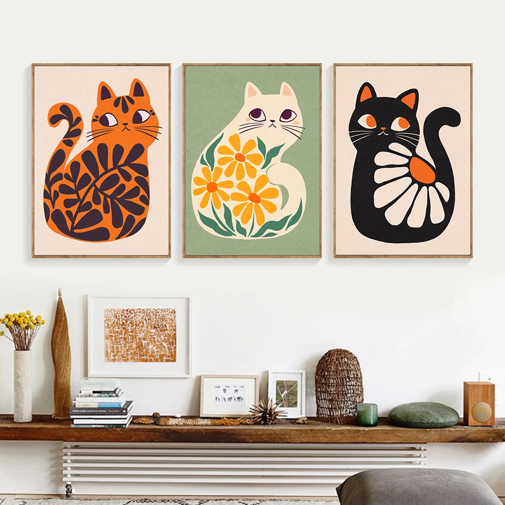 Boho Katten Illustratie Kunst Canvas Poster Muur Kunst Huis Planten Muurschildering Voor Badkamer Slaapkamer Kantoor Woonkamer Interieur