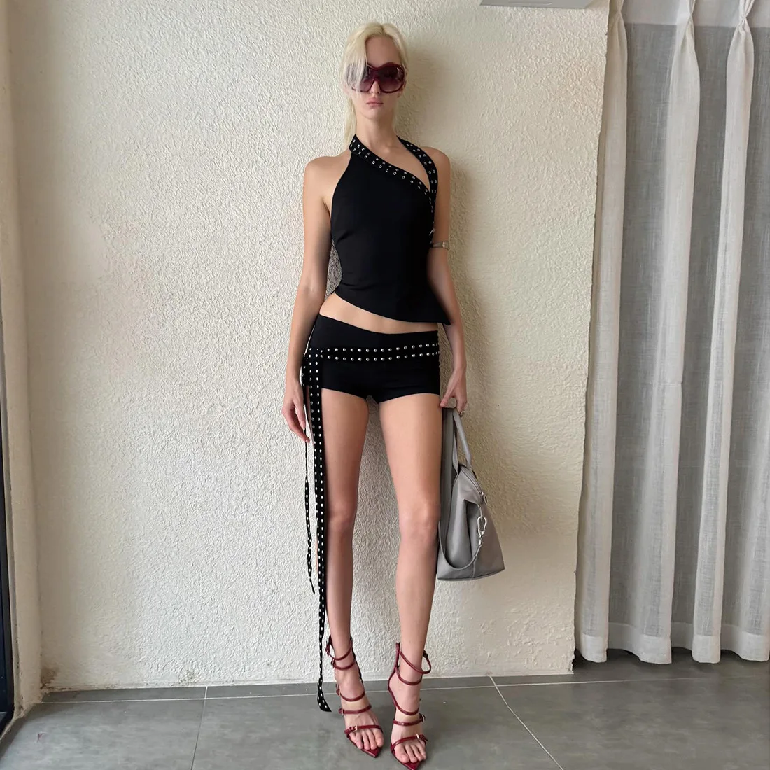 Weird Puss Sexy Hipster Hollow 3 Piece Set Women Biased Collar Backless Tank Tops+Rivet Waistband+Simple Shorts Midnight Suit